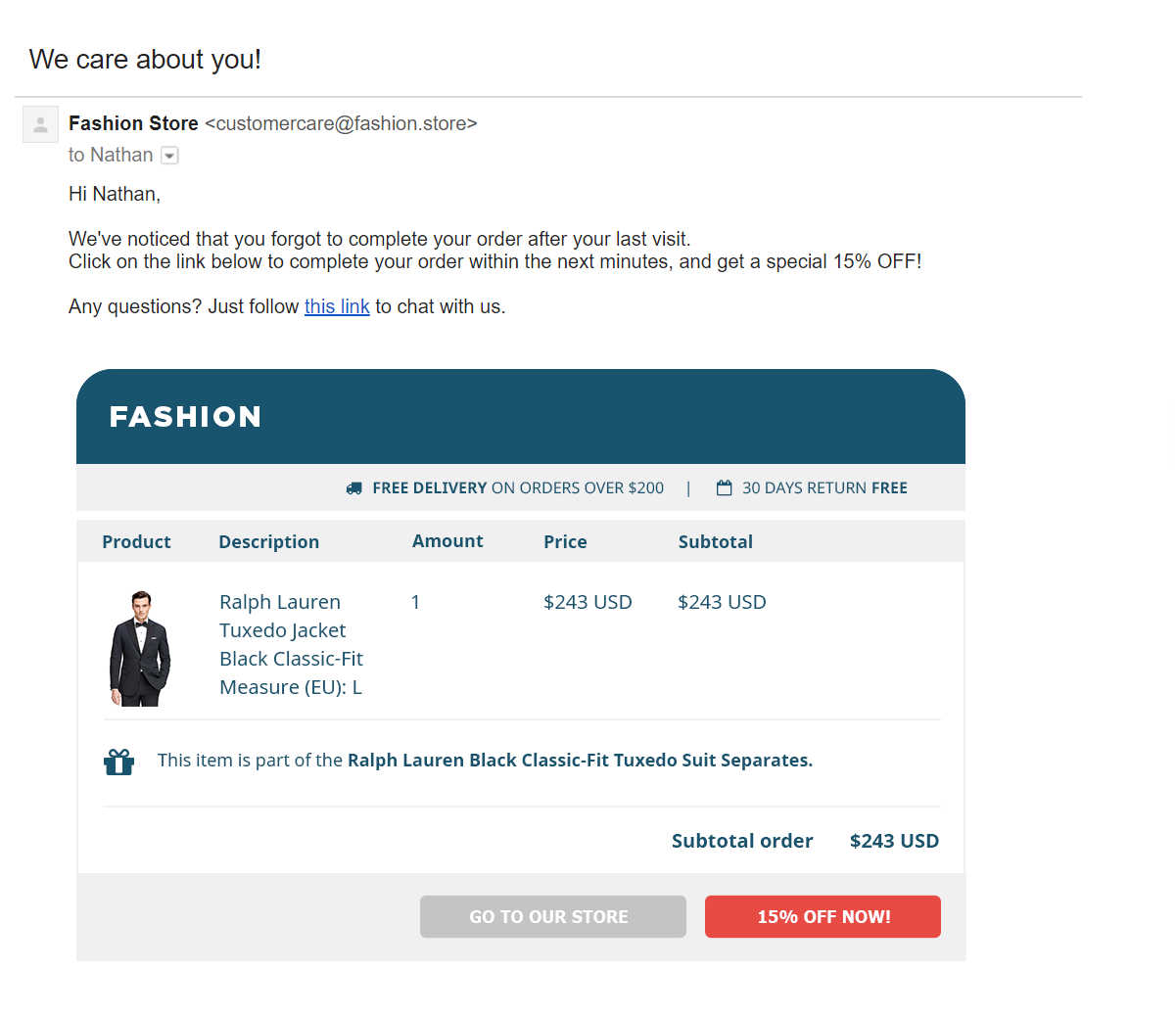 Personalized cart abandonment email with item details and 15% off CTA