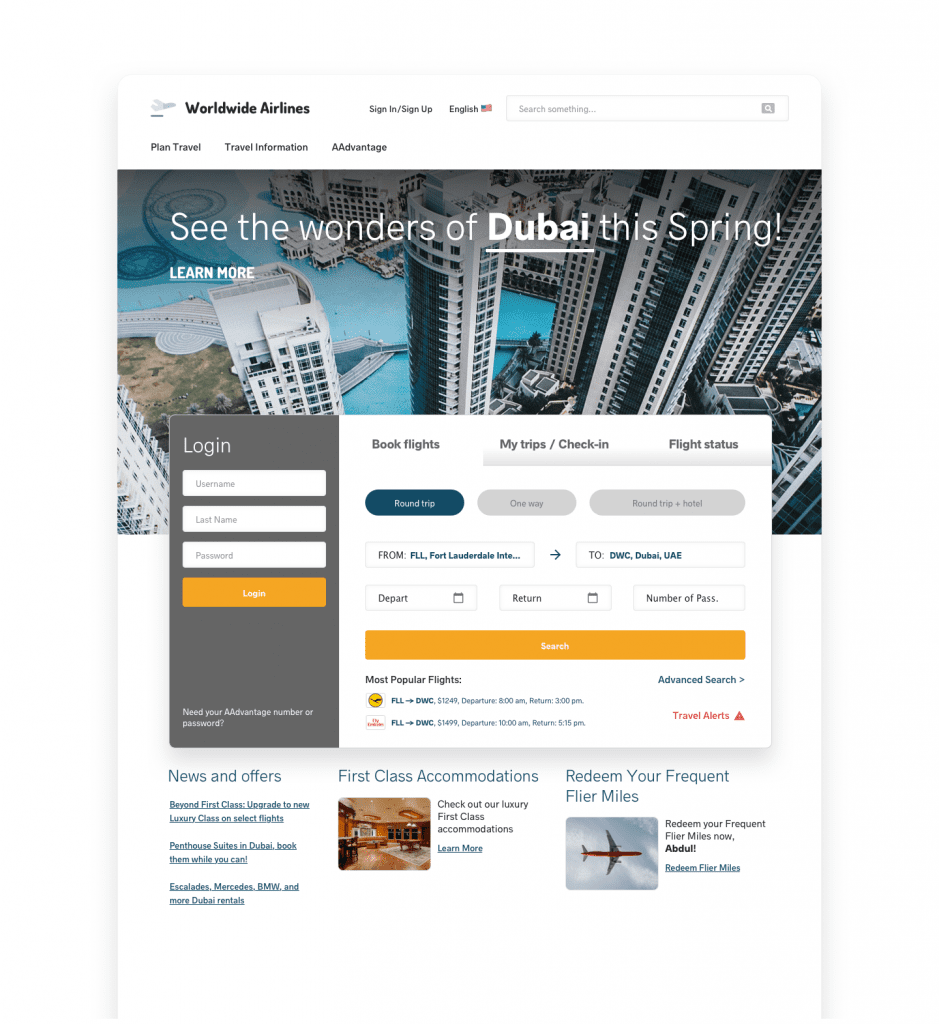 Airline website homepage personalization example