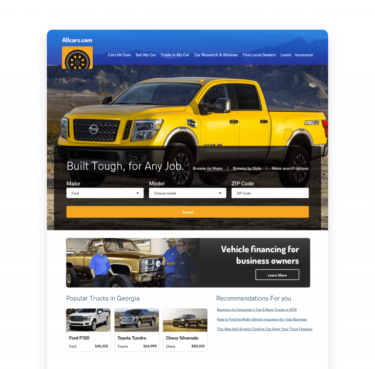 Car dealership website personalization example with model interest and location targeting