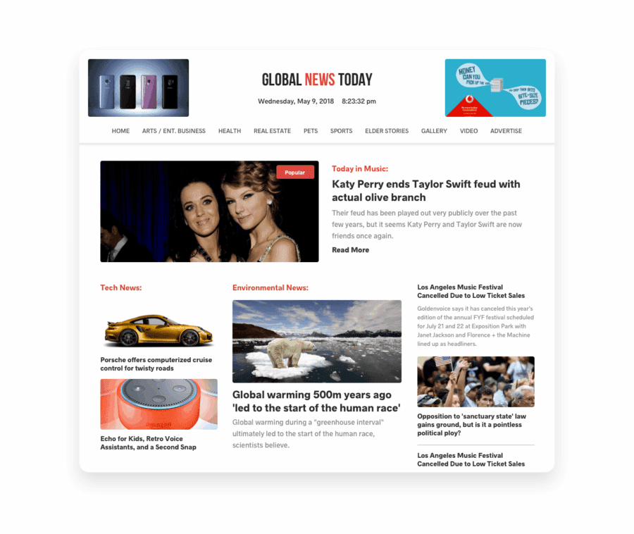 News homepage personalized for James (tech/music/environment)