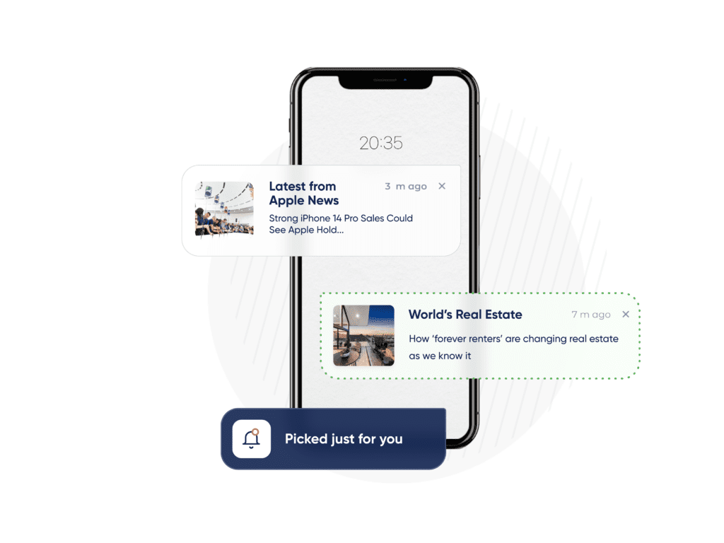Illustration of a Dynamic push notification mobile phone screen of sport and financial news 