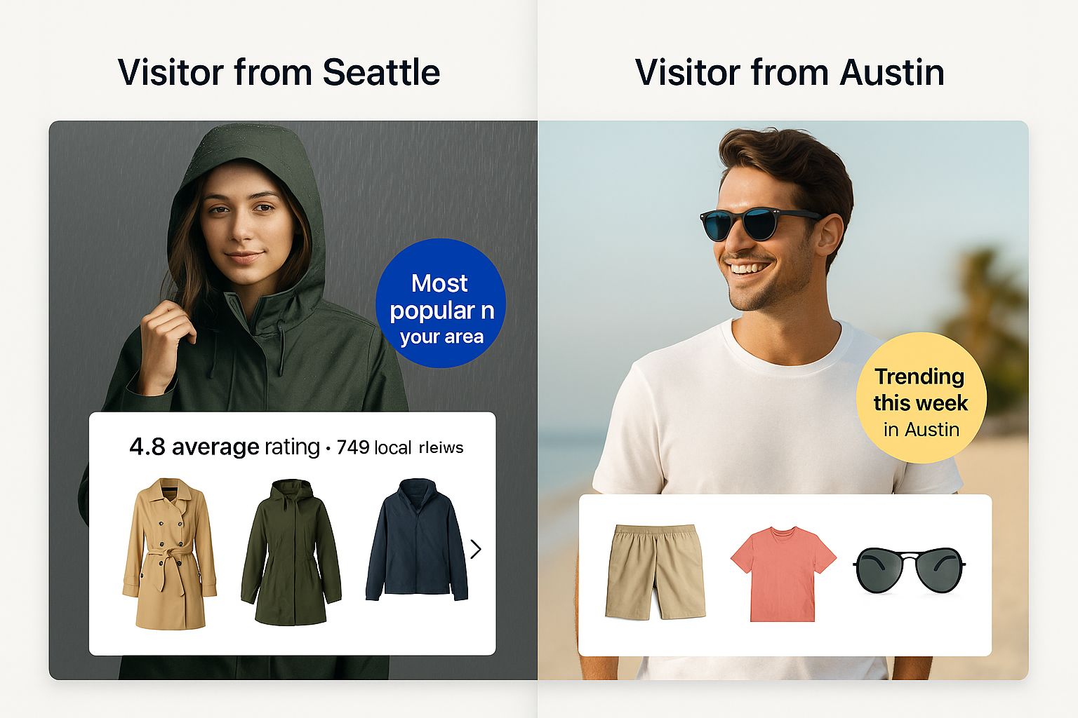 Retail homepage personalized by weather: rainwear for rainy cities vs. summer outfits for sunny locations