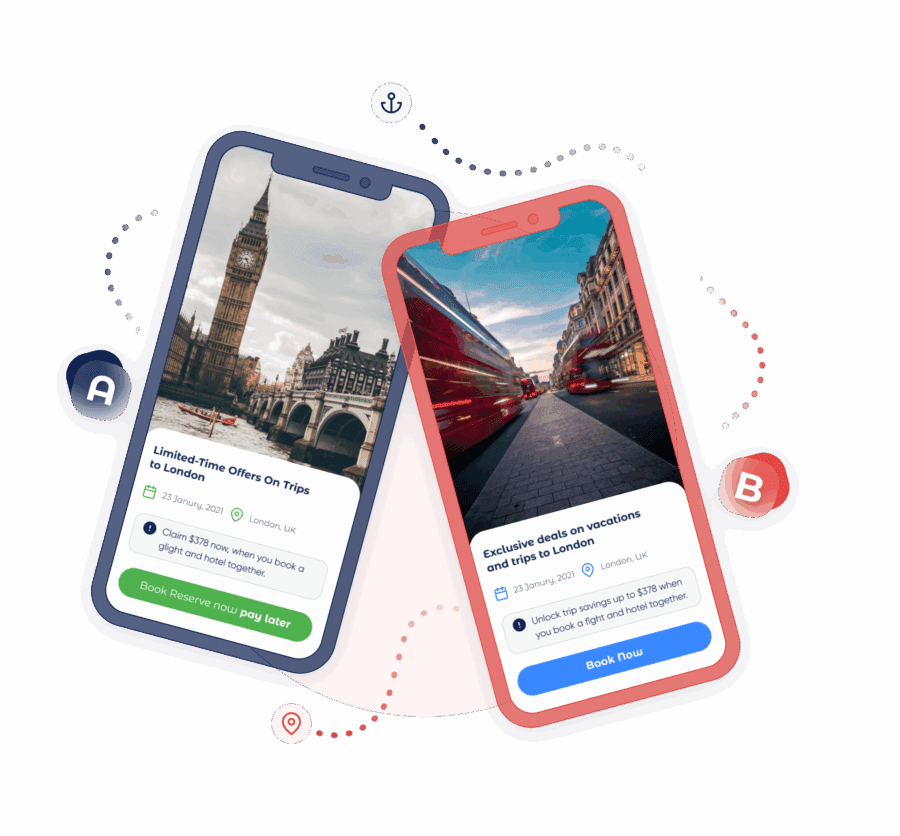 llustration of A/B testing of 2 different pages of travel site on mobile browser 