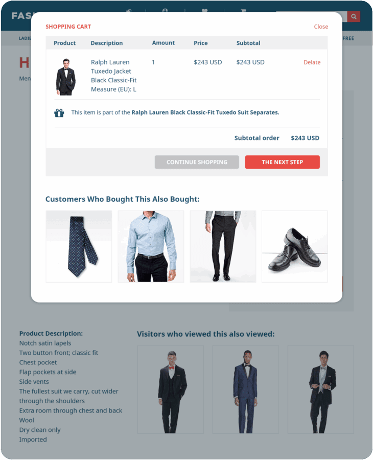 Fashion e-commerce cart page with cross-sale items