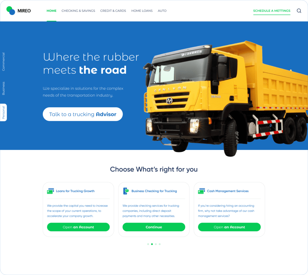 Bank homepage tailored to a trucking company