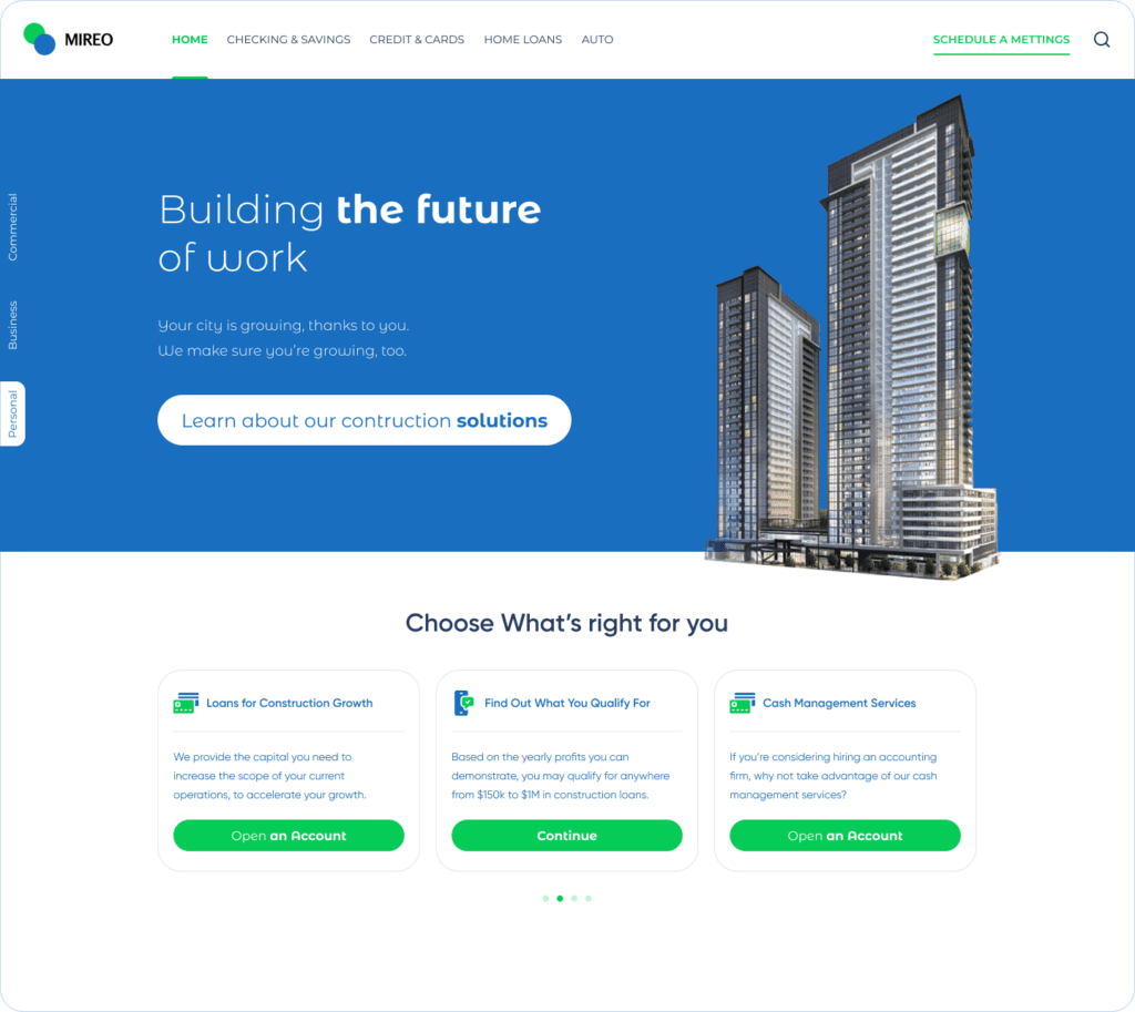 Bank homepage tailored to a construction company