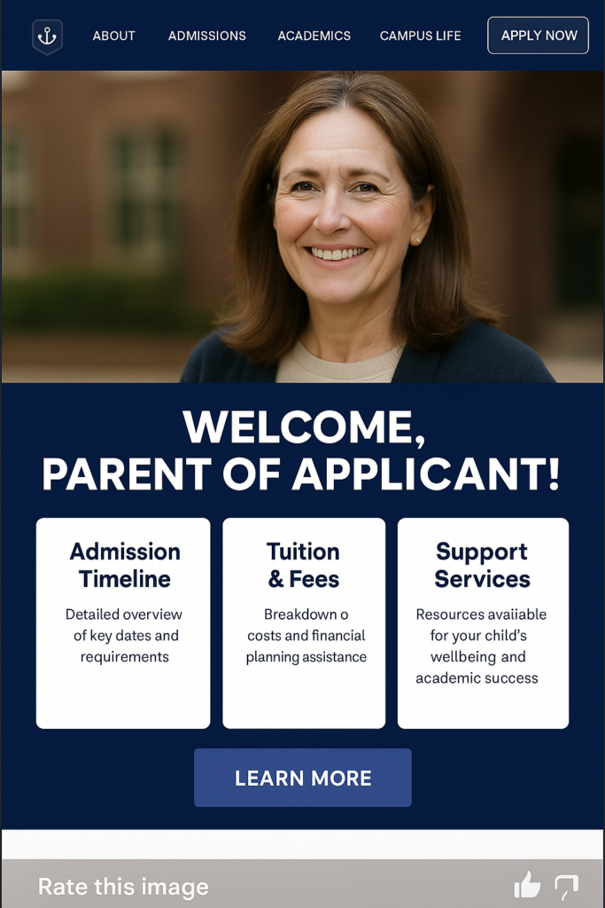University homepage personalized for parents of applicants