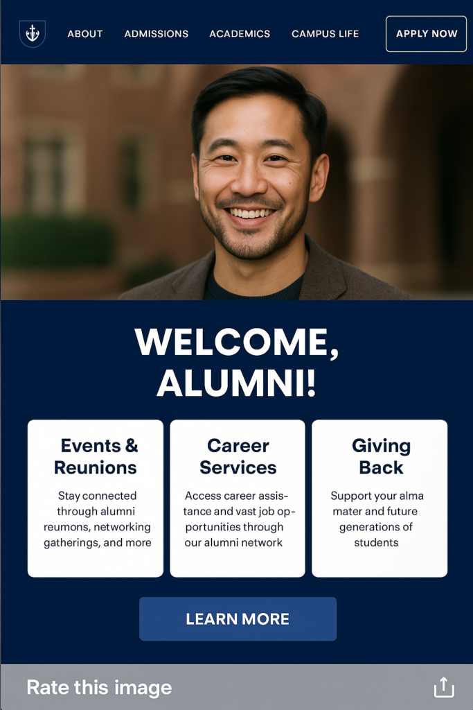 University homepage personalized for alumni