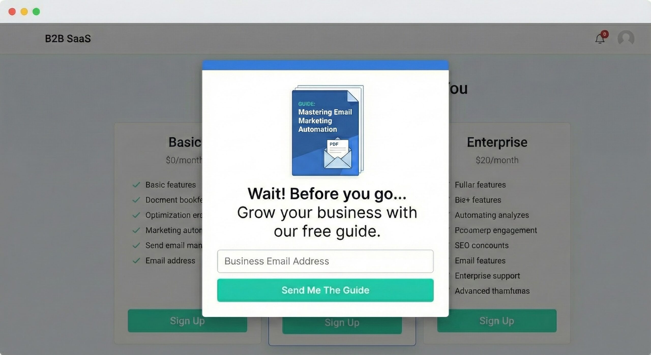 B2B SaaS website displaying a targeted whitepaper download popup