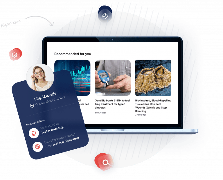 Example of content recommendations engine's recommending content item from biotechnology who was flagged as showing interest in biotechnology