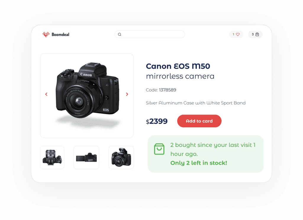 Product page with '2 bought since your last visit • Only 2 left in stock' badge