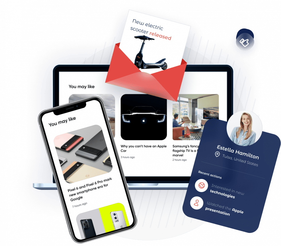 Illustration of omnichannel personalization for a content website, previewing recommended electric gadget content across website, mobile app, and email, tailored for a user interested in electric gadgets