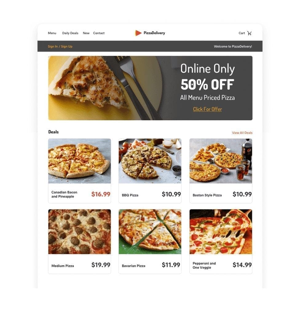 Generic PizzaDelivery homepage for new visitor