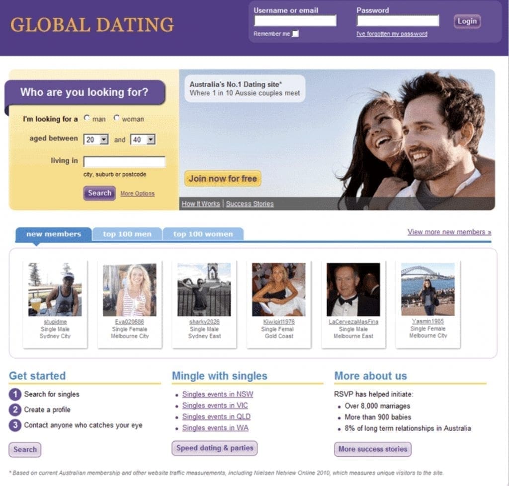 Generic dating homepage for younger audience