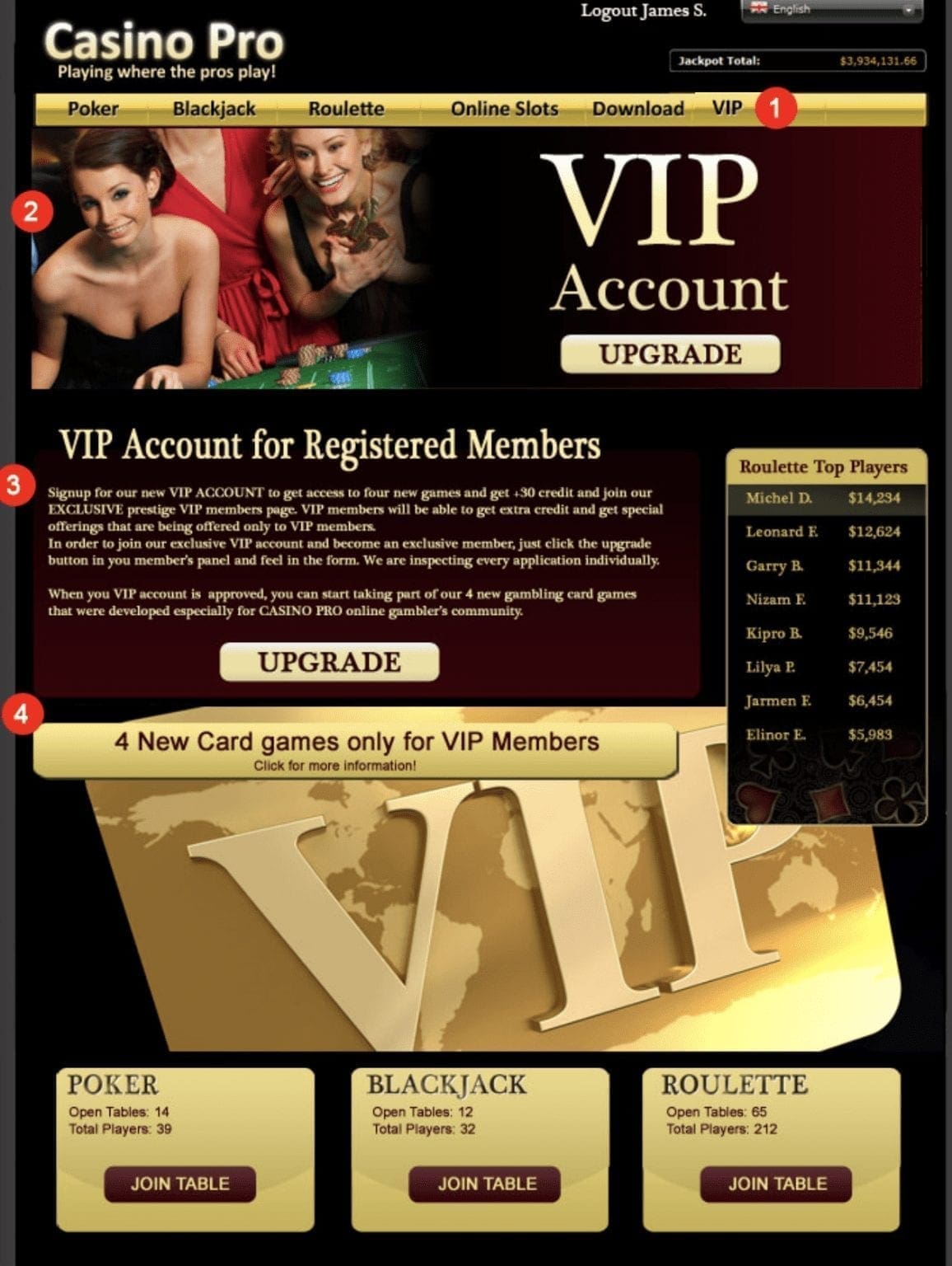 Casino site personalized for VIP recognition with upgrade banner