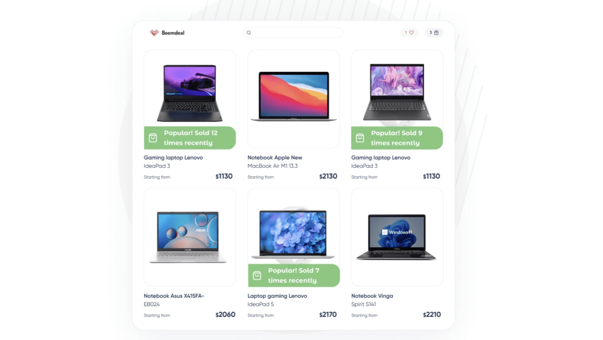 Category grid with 'Popular — Sold X times recently' badges