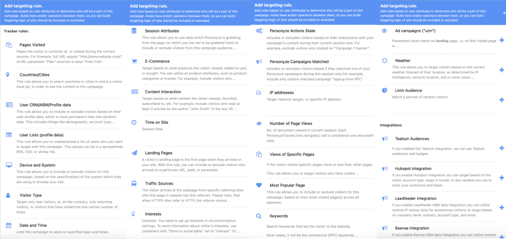 Targeting the right audience for your A/B test, showing all the filtering options 