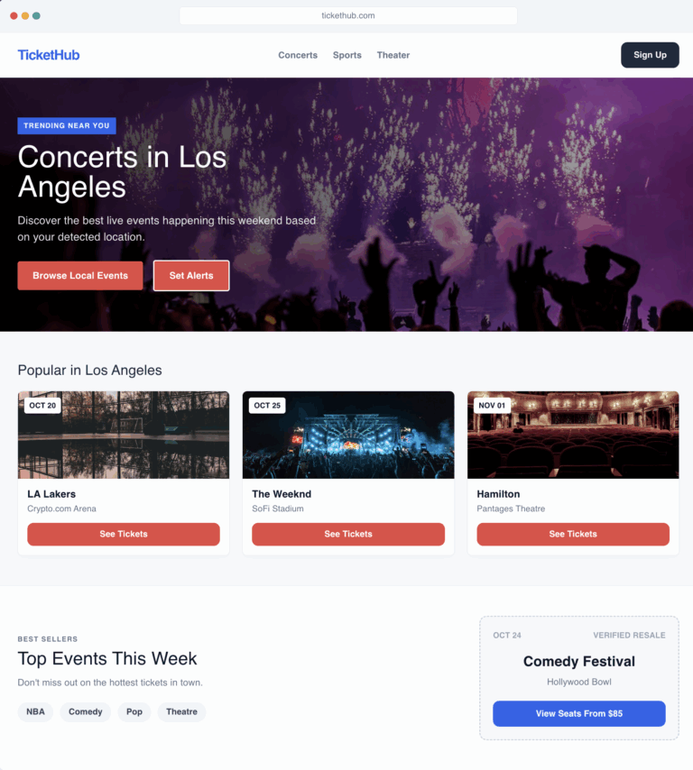 Event booking platform personalization example with location and genre preference targeting