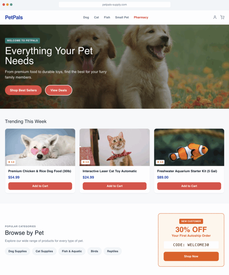 Ejemplo de personalización para tienda de mascotas con segmentación de dueños de perros y gatos