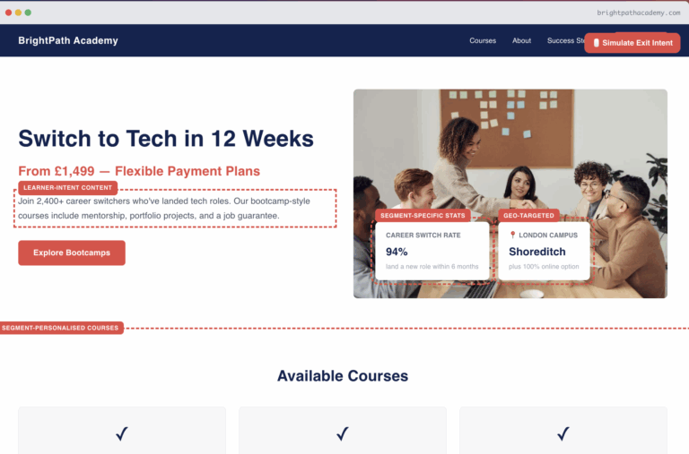 Interactive education platform personalization demo showing learner-intent content, social proof, and exit intent — Brig