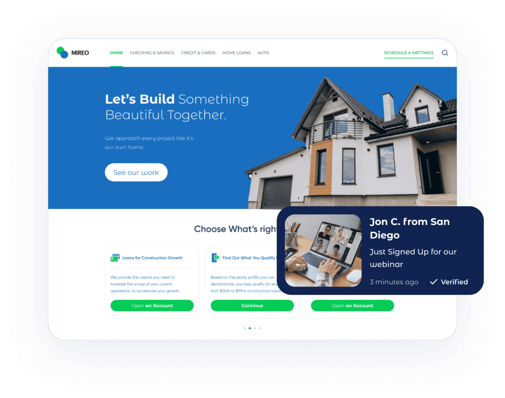 Notification: 'Jon C. from San Diego — Just signed up for our webinar' overlay