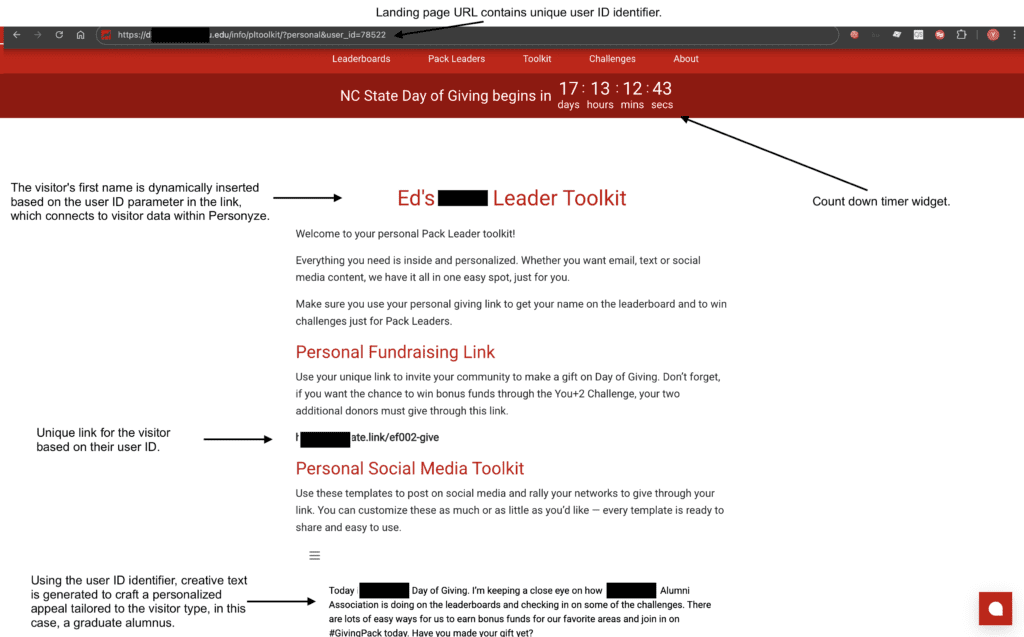 Shows dynamic landing Page for university website with Visitor First Name and Personalized Unique Links