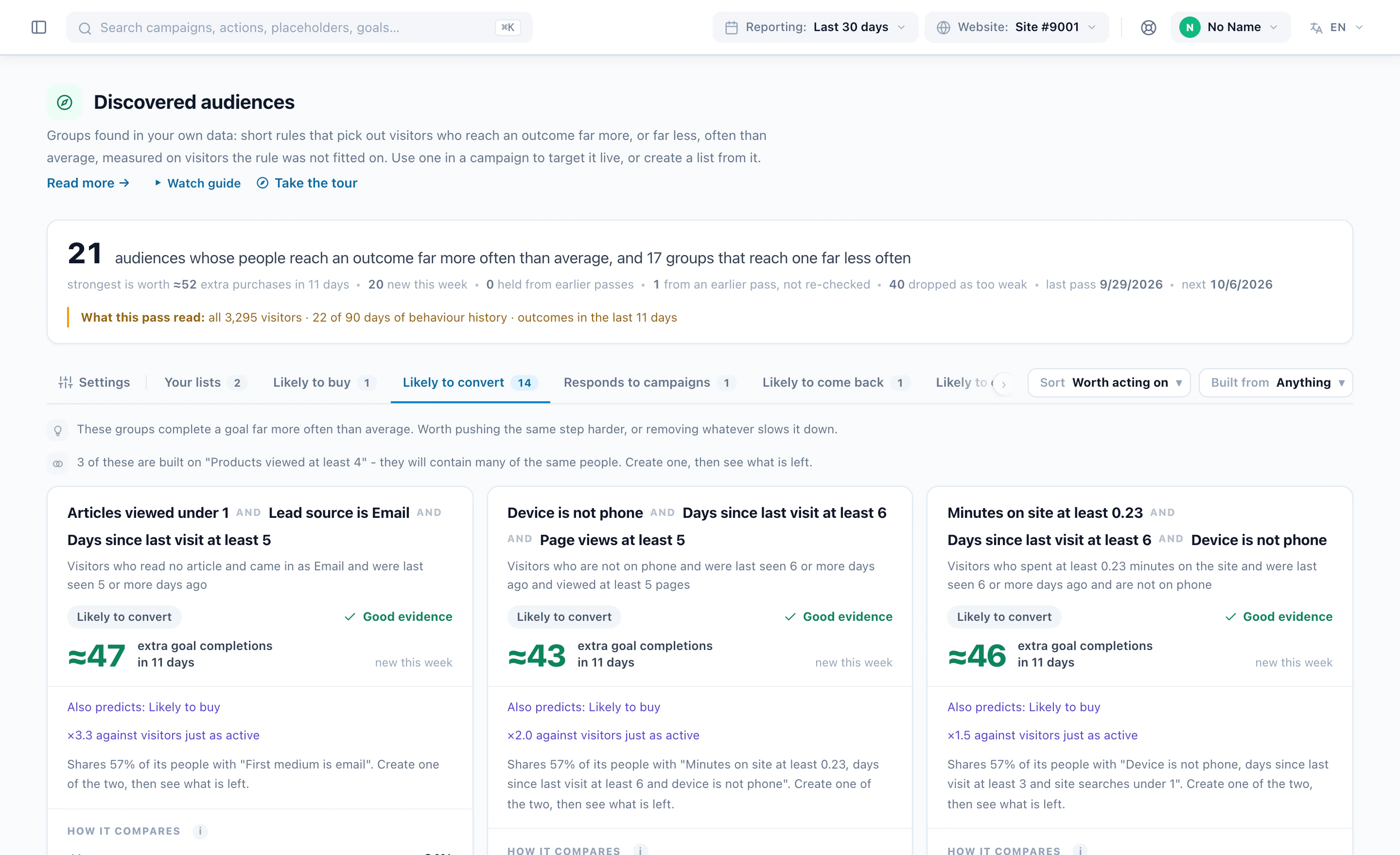 Discovered audiences: groups found in your own data that reach a goal far more often than average, each with its extra goal completions and evidence