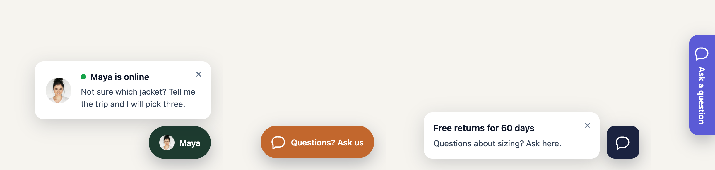 Four chat buttons: a person’s face with a teaser card saying she is online, a pill with words, a square icon with a one-line card, and a vertical tab on the edge of the page