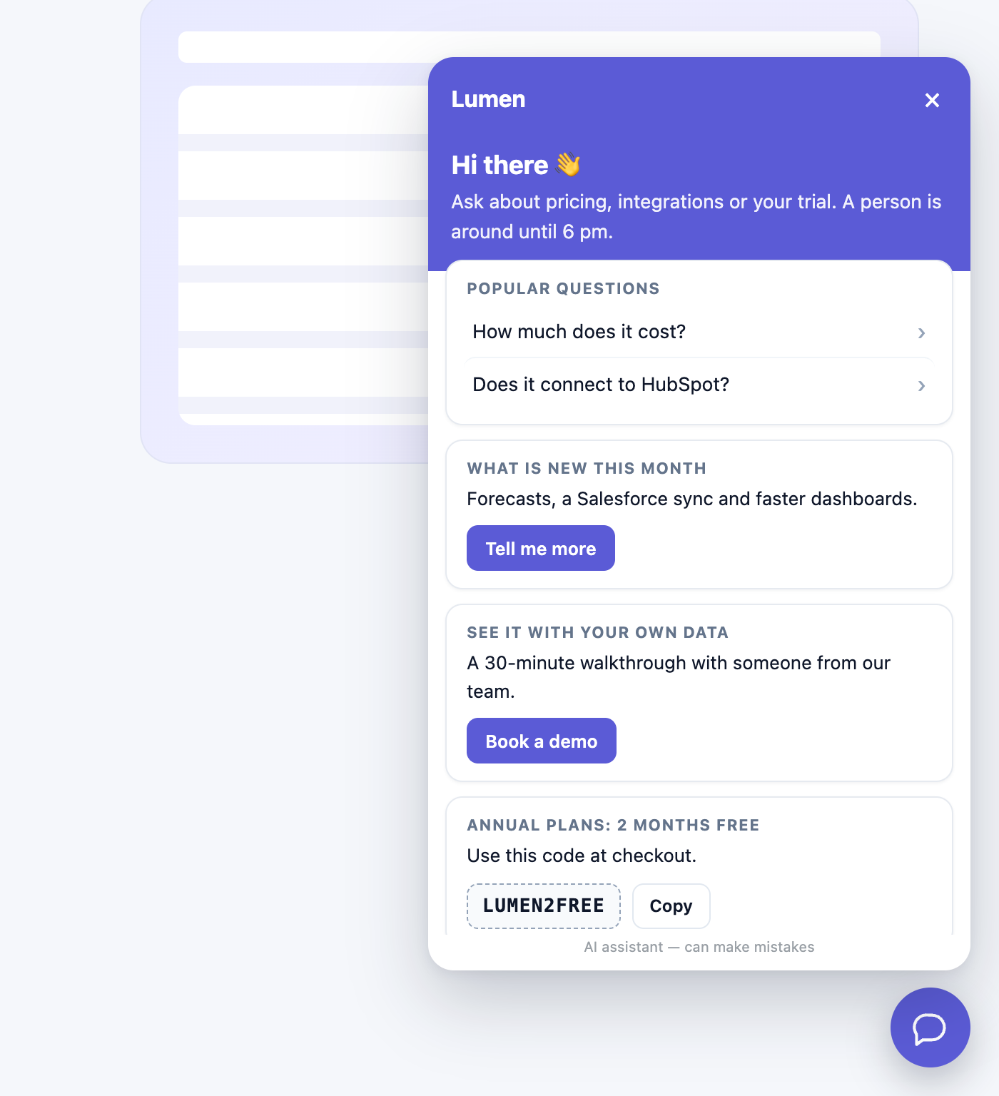 A chat that opens on a home screen: a headline, two popular questions and three cards - one asks a set question, one links to a demo, one shows a code to copy