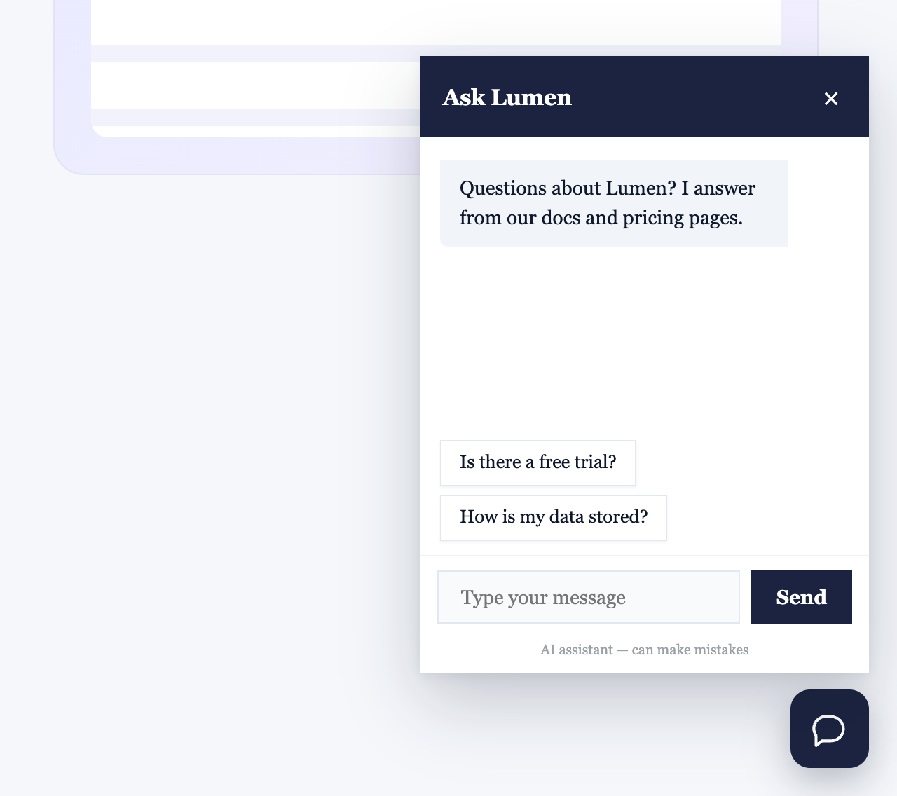 A minimal chat with square corners and a serif typeface, two suggested questions above the message box