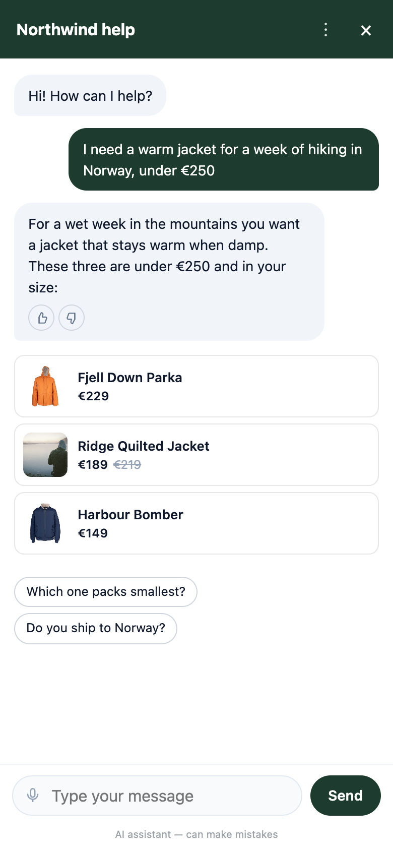 The chat filling a phone screen, with product cards and follow-up questions under the answer
