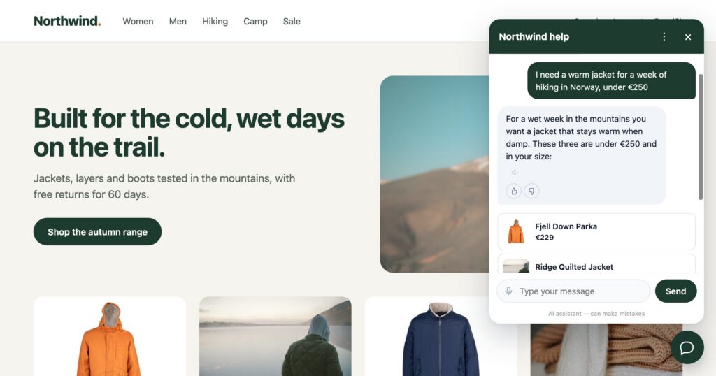 An outdoor shop with its AI chat open: a visitor asks for a warm jacket under €250 and the chat answers with product cards