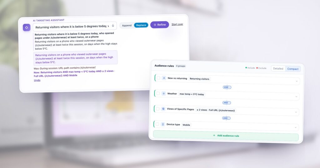 The AI targeting assistant with a request for returning visitors on a phone who viewed outerwear twice on a day below 5 degrees, the audience before and after, and the four rules it built: returning visitors, weather, views of specific pages and device type