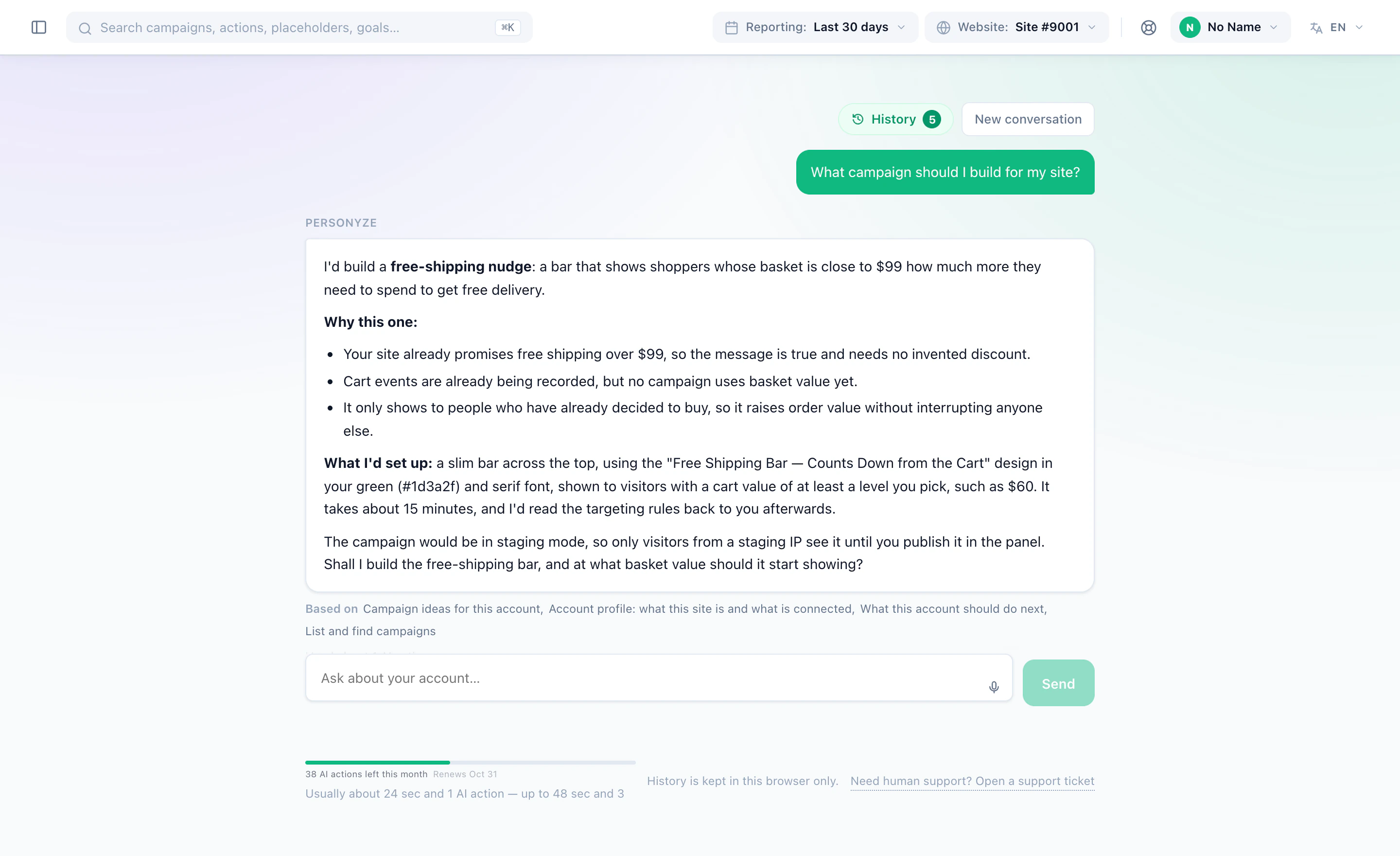 The Personyze Assistant asked what campaign to build: a free-shipping bar, why this one, and how it would look in the shop’s own green and font