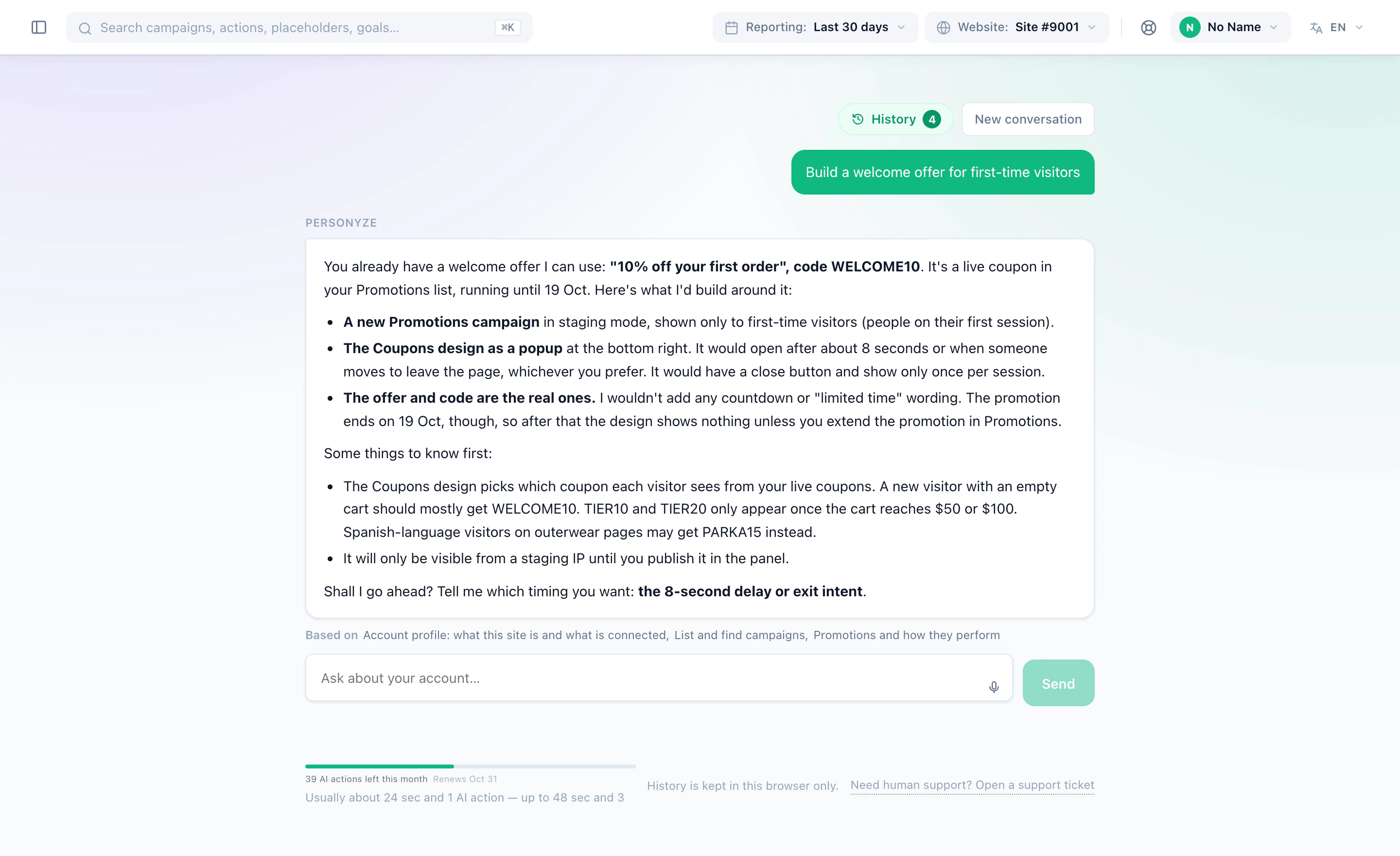 The Assistant asked to build a welcome offer for first-time visitors: who sees it, the design, the real coupon and the timing, before it builds