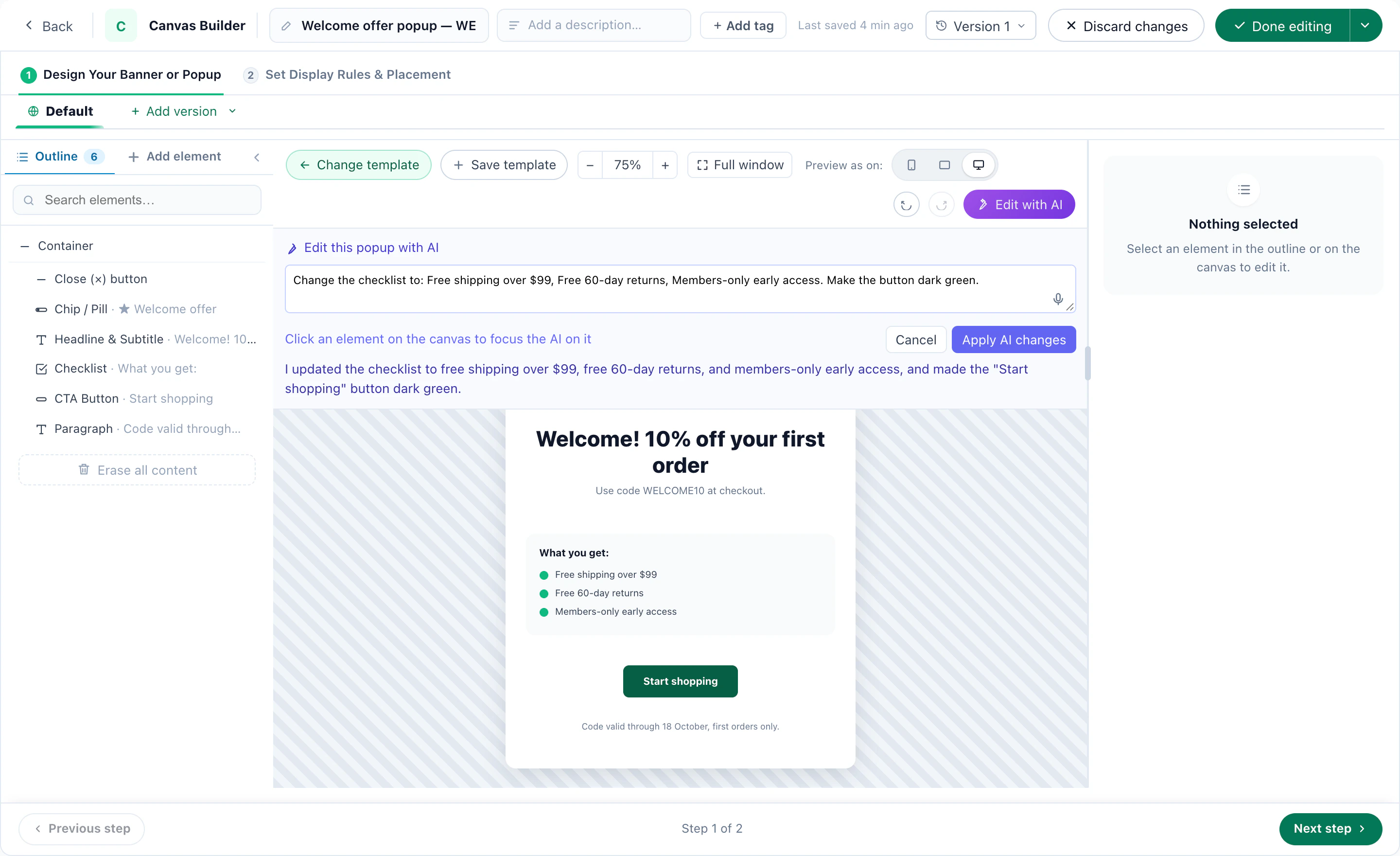 Edit with AI on the welcome pop-up the Assistant built: one sentence rewrites the checklist and turns the button dark green