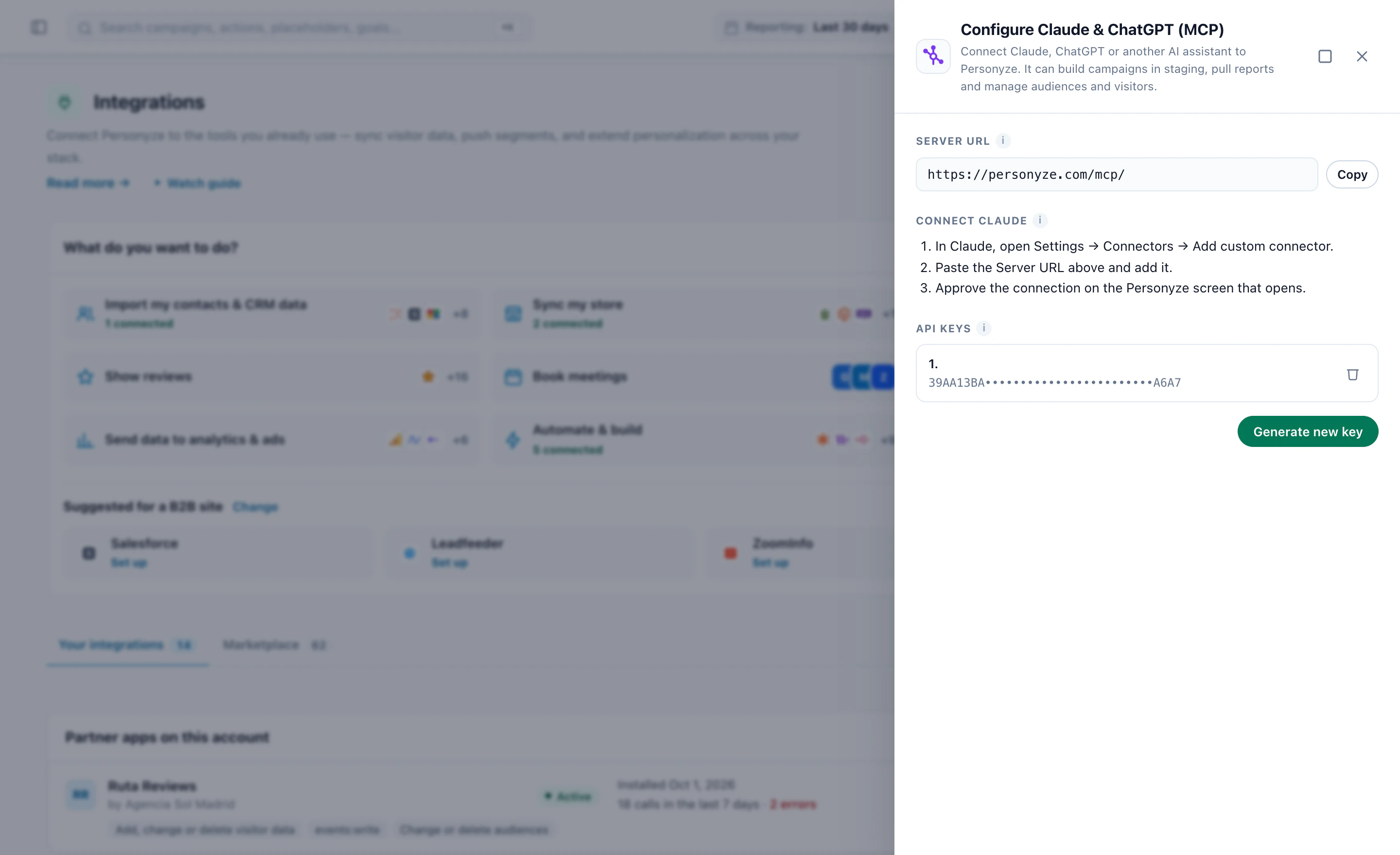 Configure Claude and ChatGPT (MCP): the server address, three steps to connect Claude, and API keys for scripts