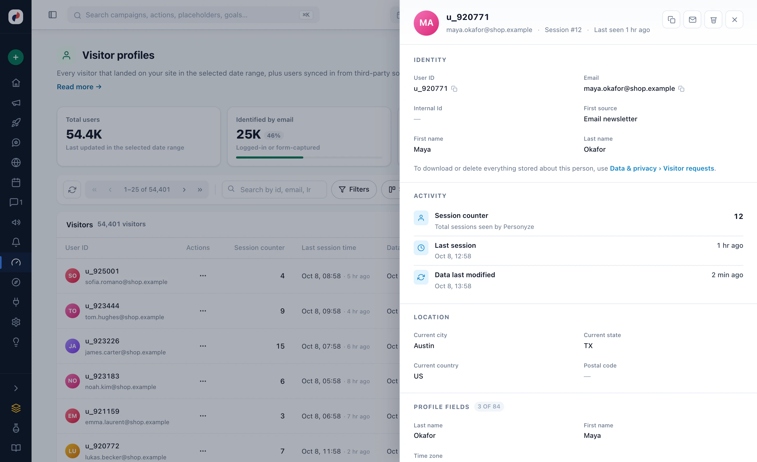 La fiche d’un visiteur : identité, première source, activité et localisation