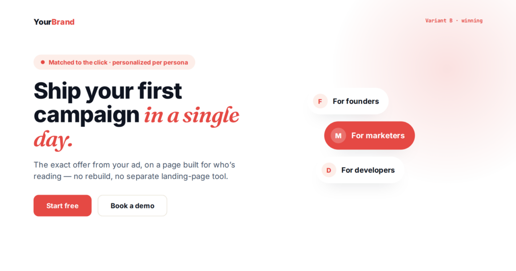 A landing page personalized per persona and matched to the visitor's click