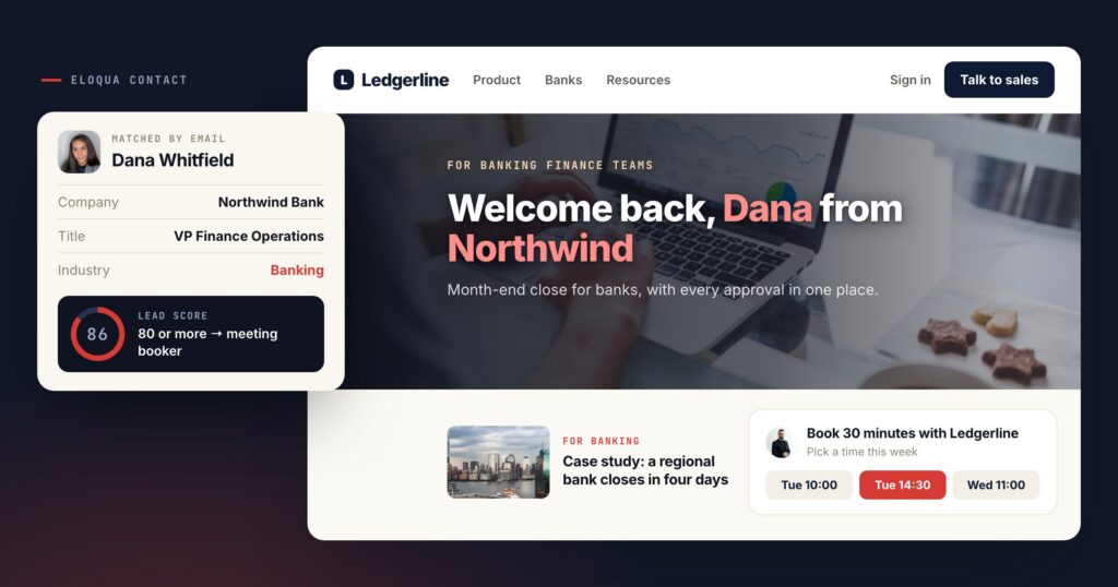 A fictional vendor's page greeting Dana from Northwind by name, with a meeting booker because her Eloqua lead score is 86, beside her Eloqua contact card.