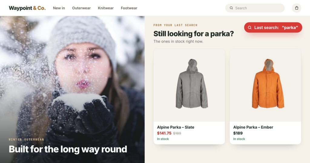A clothing store's home page with a “From your last search” row showing the two Alpine Parkas in stock, for a visitor whose last search was “parka”.