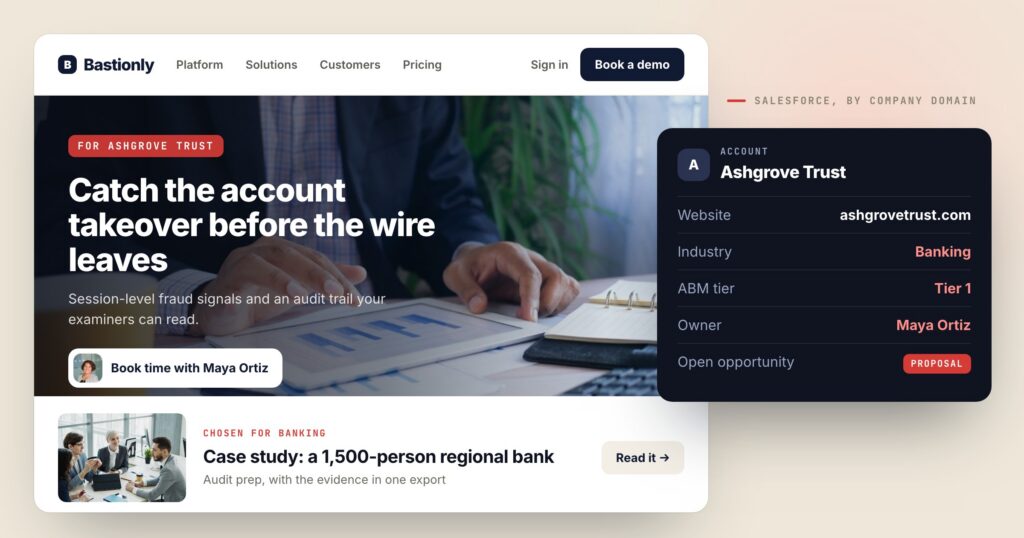 A fictional security vendor's homepage addressed to the visiting bank, Ashgrove Trust, beside the Salesforce Account that shaped it: industry, tier, owner and open opportunity.