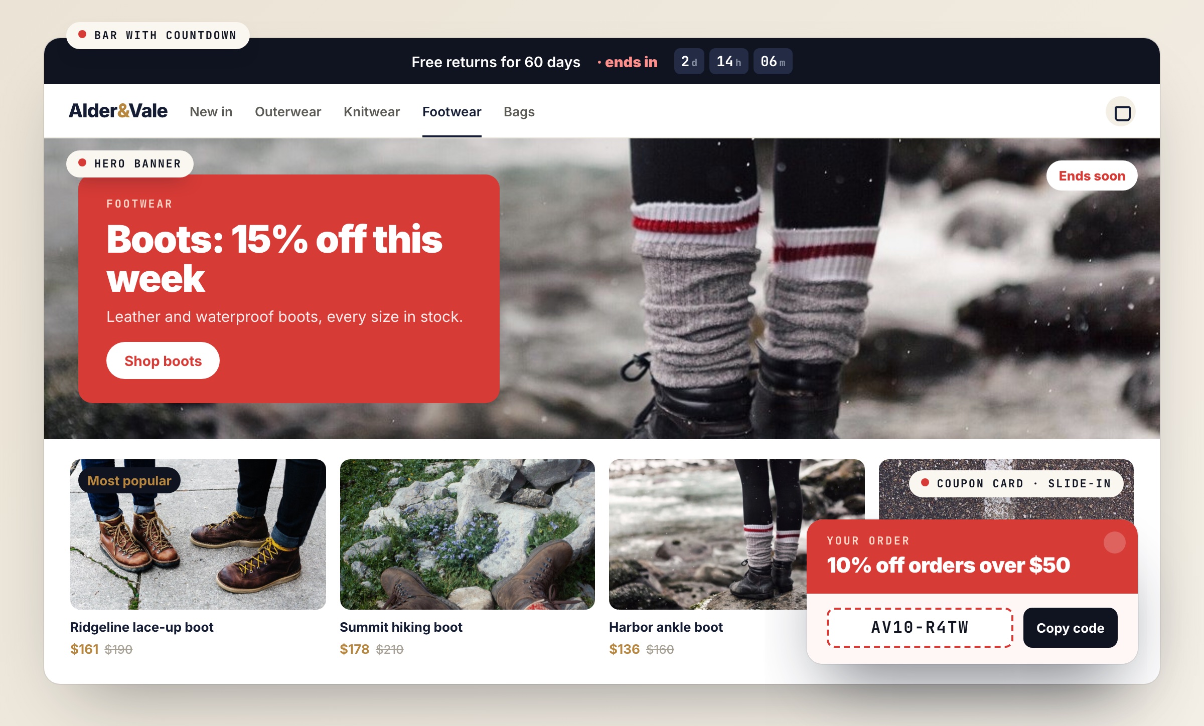 blog43677fig3 Personyze A footwear category page with a countdown bar for free returns, a hero banner for 15% off boots marked Ends soon, a Most popular badge on a product, and a coupon card for 10% off orders over with a code and a Copy code button.
