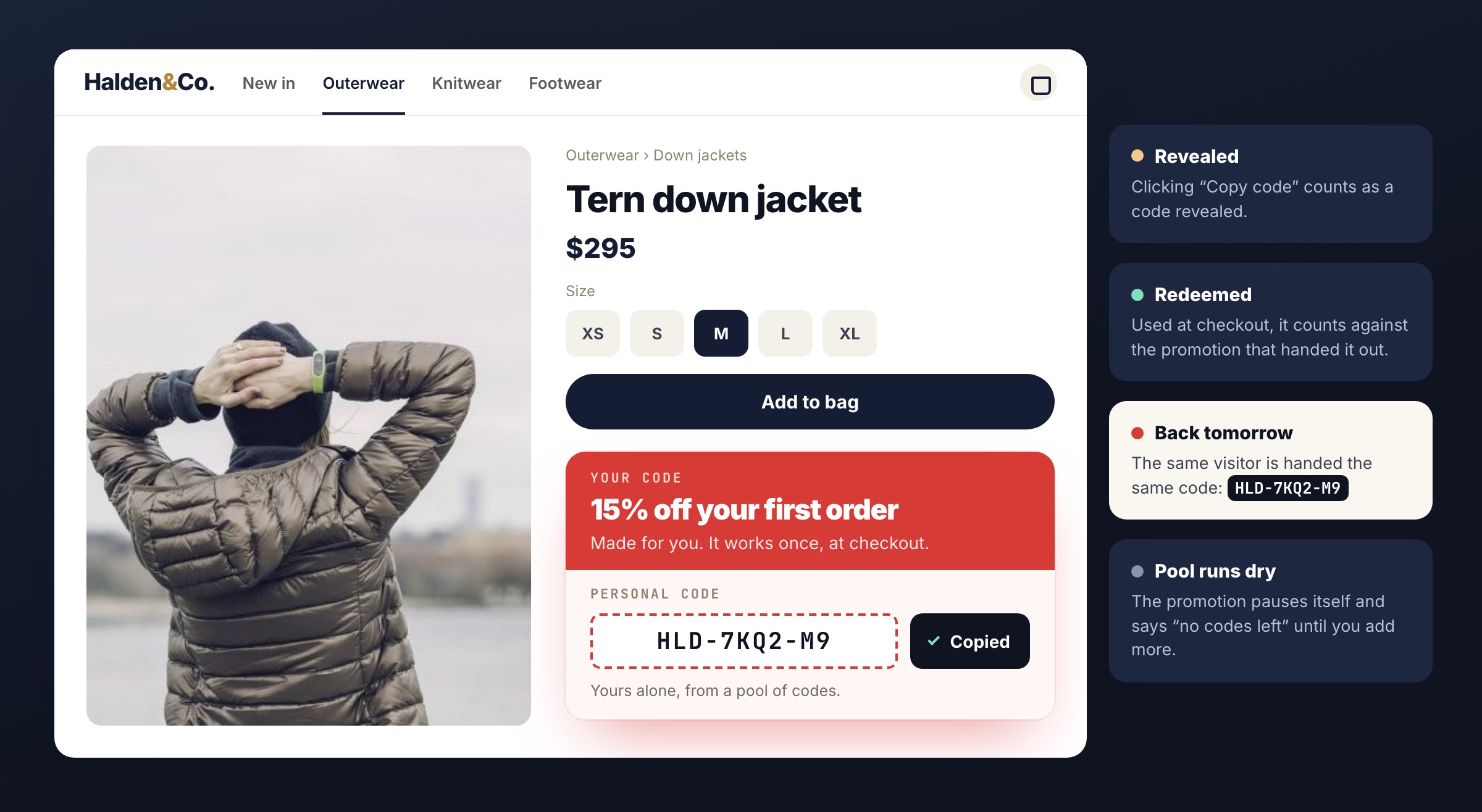 blog43679fig2 Personyze A product page for a down jacket with a coupon card showing the personal code HLD-7KQ2-M9 and a “Copied” button, next to notes on revealed, redeemed, return visits and an empty pool.