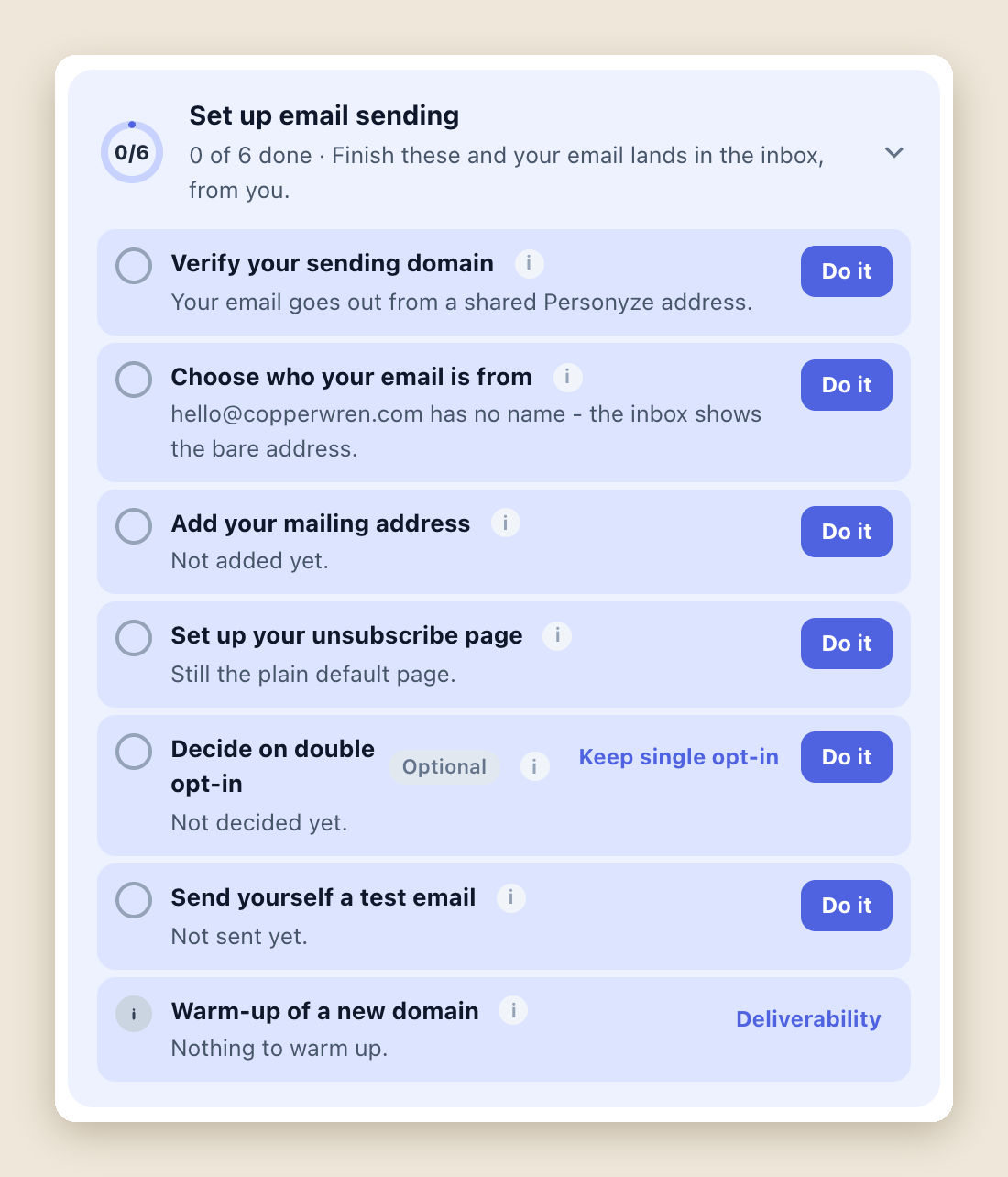 blog44345fig3 Personyze The Set up email sending checklist in the Personyze panel: verify your sending domain, choose who your email is from, add your mailing address, set up your unsubscribe page, decide on double opt-in, send yourself a test email, and the warm-up of a new domain.