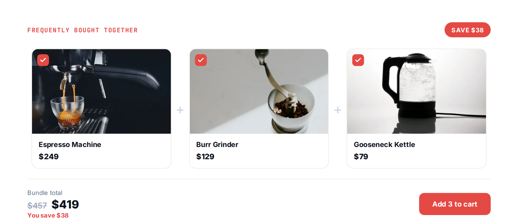 bundlecoffeeclean Personyze 「セットアップを完成させる」バンドル——メイン商品に合わせて選ばれた関連商品を、節約額とともに最初から表示します。