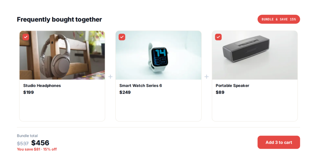 A frequently bought together bundle with a bundle total and savings