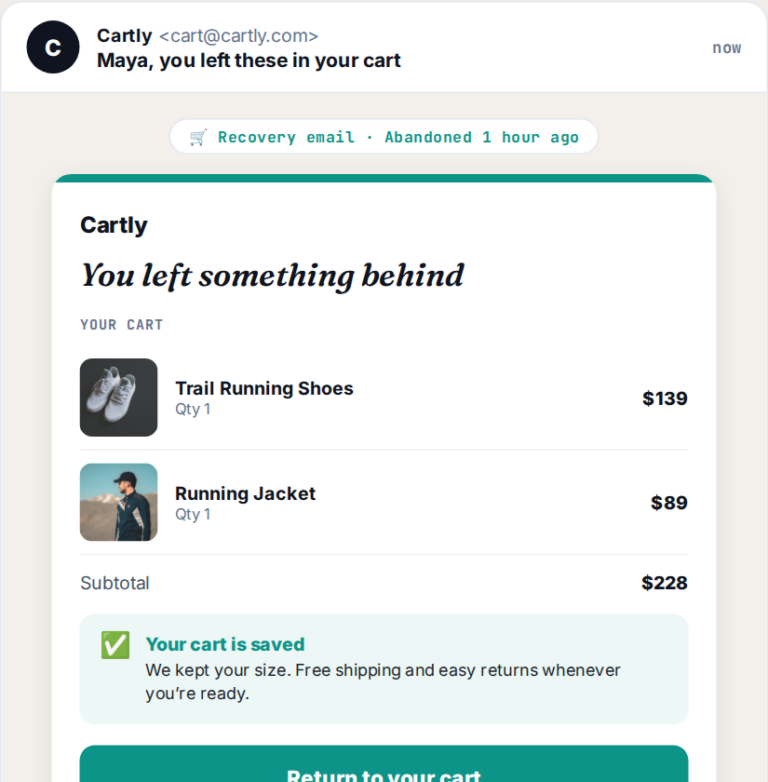 Cart abandonment email example showing recovery tactics matched to the shopper and time since abandonment