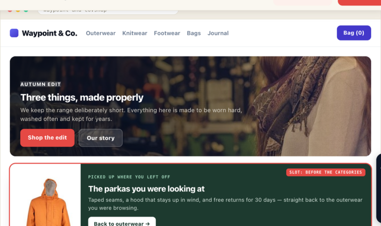 Category banner personalization example: a shop home page showing a banner for the category the shopper browsed earlier in the visit