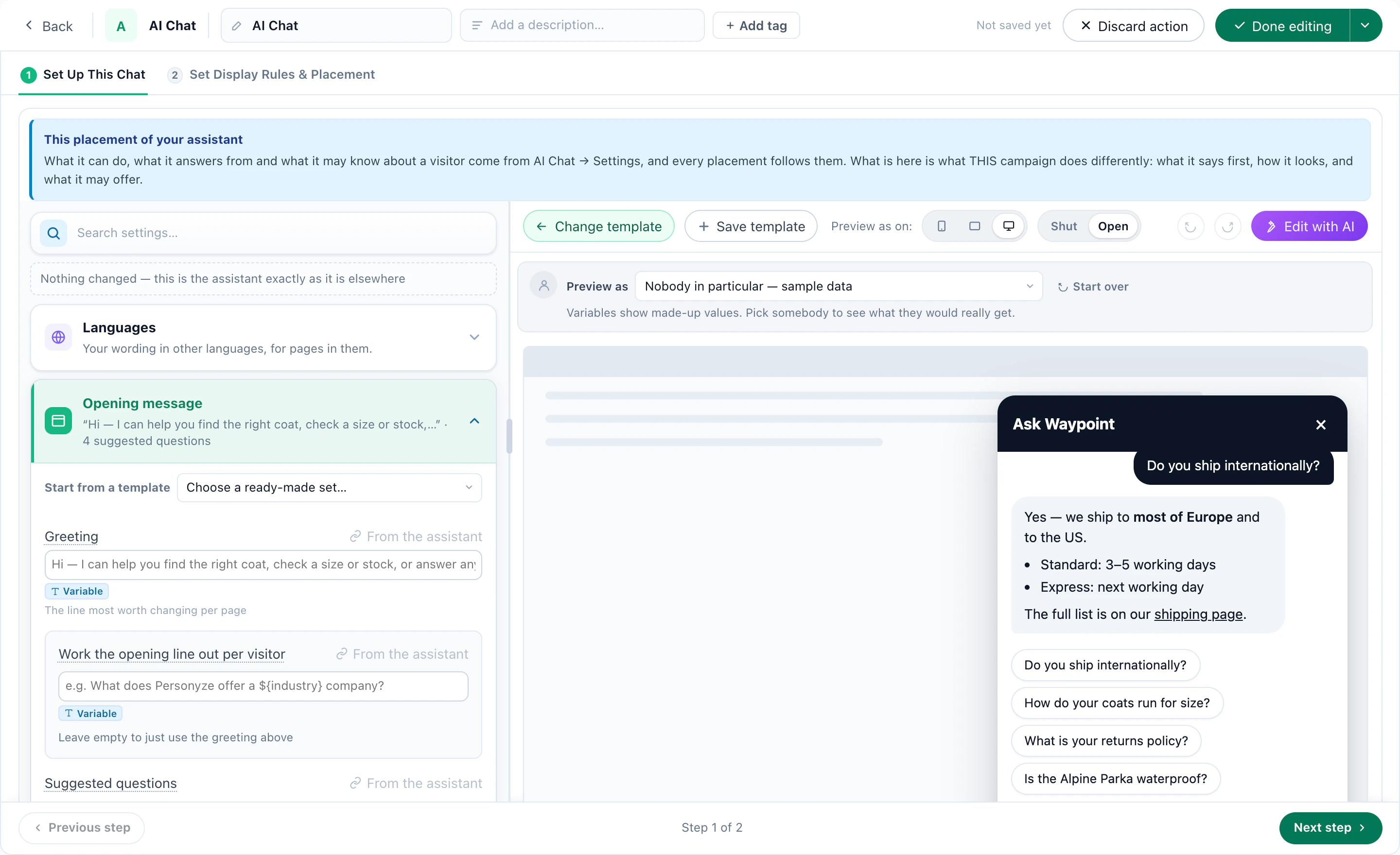 The chat designer: the opening message and suggested questions beside the chat window answering a shipping question